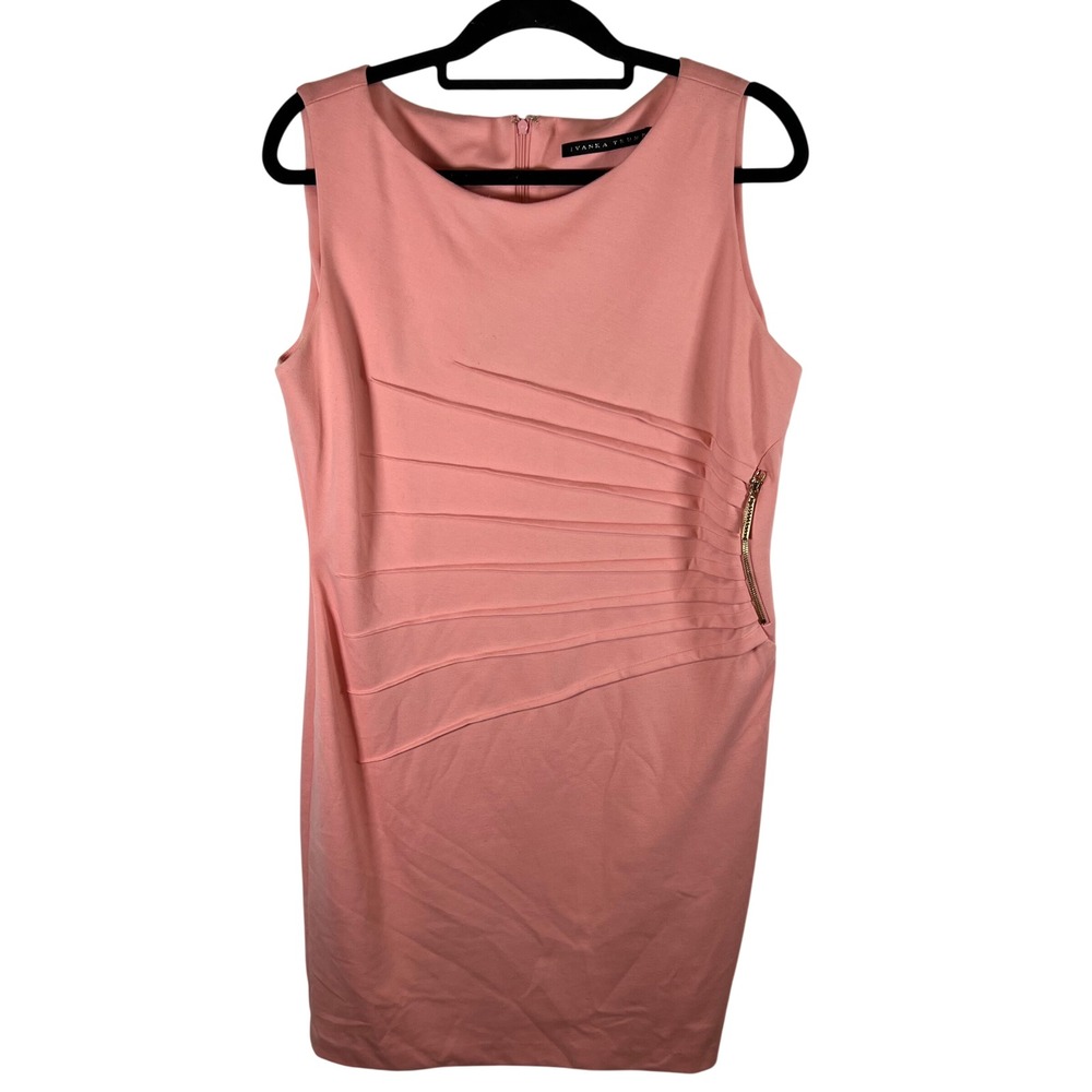 Ivanka Trump‎ Pink Sleeveless Pleated Sheath Dress Gold Side Zip Size 16